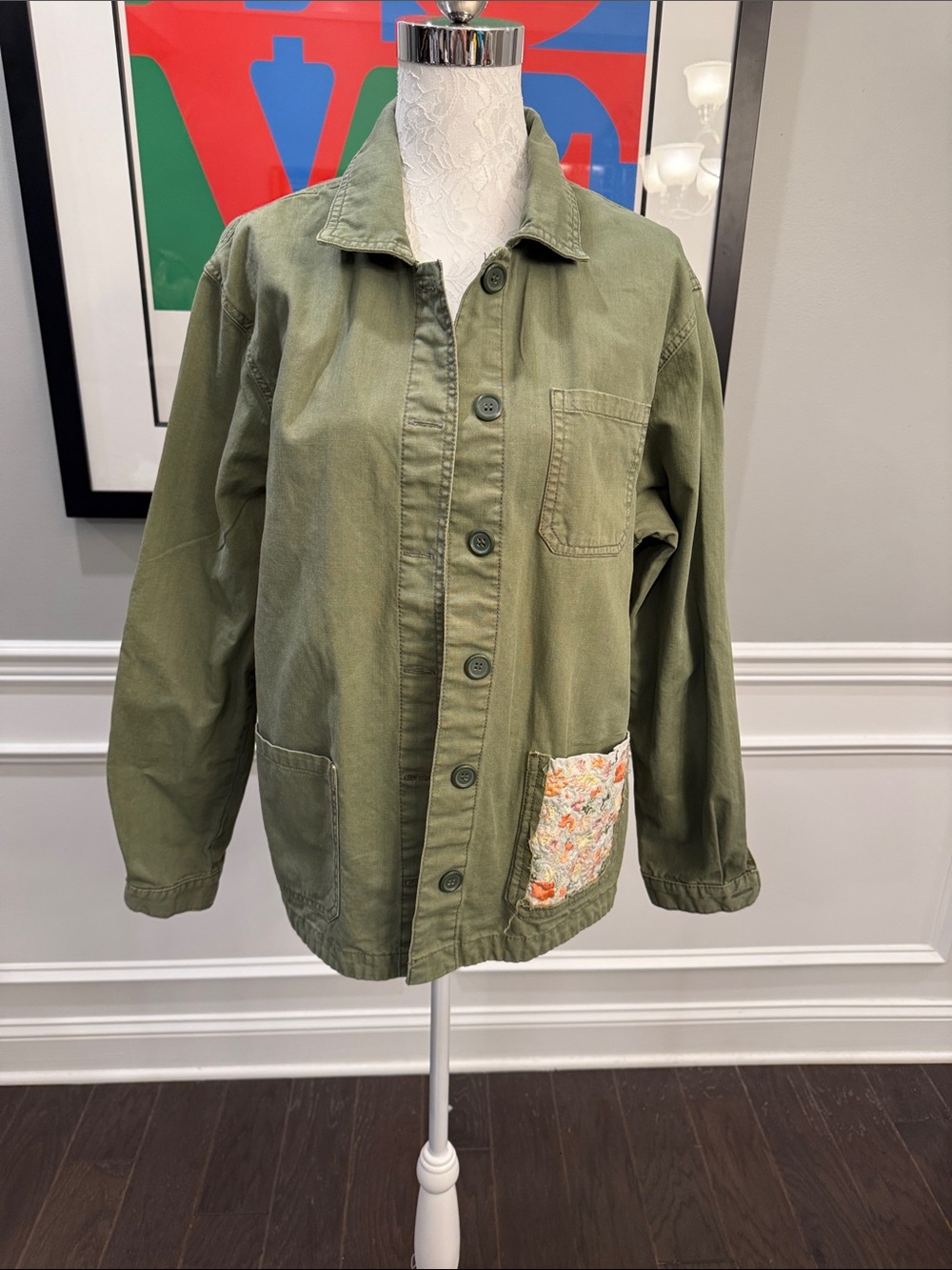 Hippie Laundry Boho Embroidered Floral Pocket Utility Jacket Green Size L